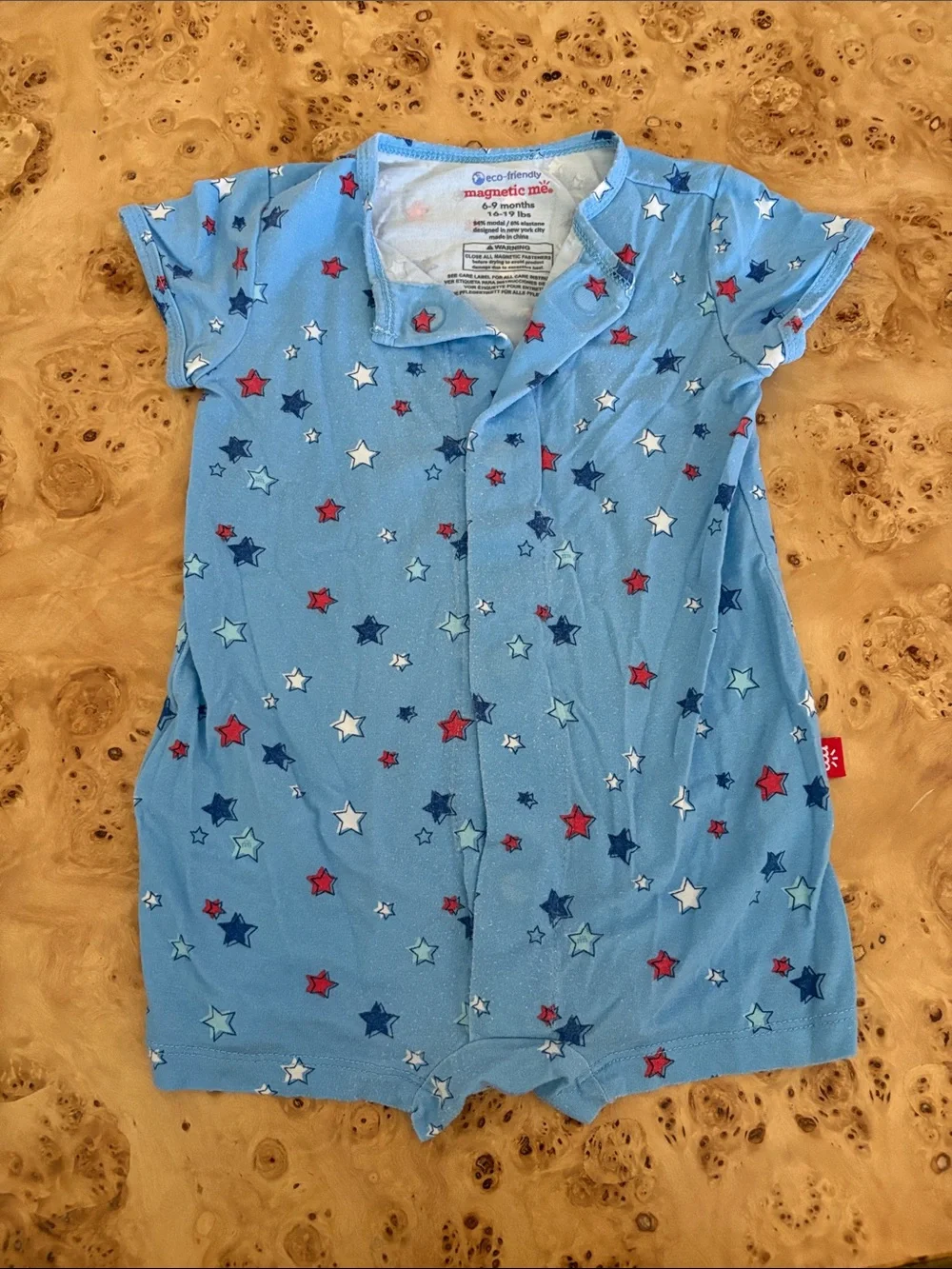 Magnetic Me Light Blue Star-Print Infant Romper, 6-9 mo